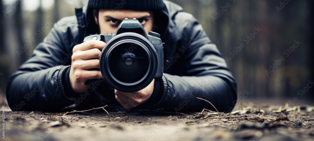 Obraz premium Spy paparazzi photographer, Peeping Spying and Surveillance, Secret Information, Espionage Privacy Investigation, private detective