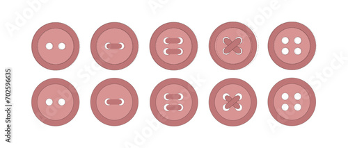 Set of pink buttons. Button with two and four holes. Sewn on buttons. Sewing decor, elements.
