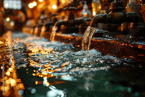 A row of water taps with running water illuminated by golden evening light, showing a sparkling and refreshing scene.