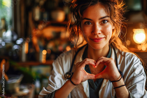 Warm portrait of a smiling young woman making a heart shape with her hands, depicting love and happiness. photo