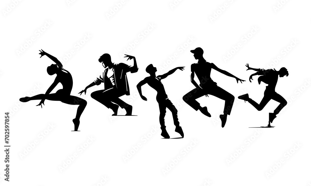 Men different dancing poses detailed vectors or silhouettes set , black and white