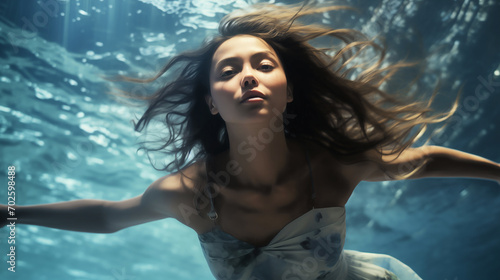 Underwater Grace : Woman in a dress looking at the camera underwater
