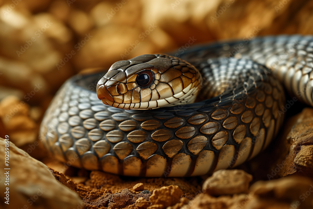 Fototapeta premium a close up of a snake on a branch with a blurry background.