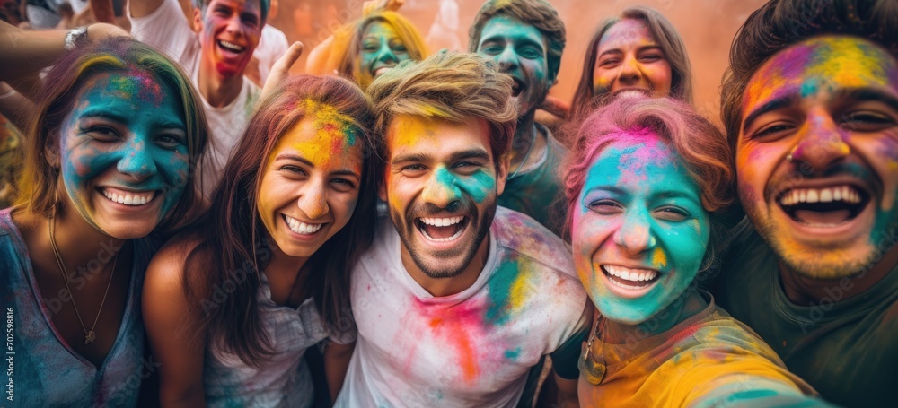Portrait of friends celebrating Holi, faces covered in bright colors, expressing the spirit of togetherness and joy. Banner.