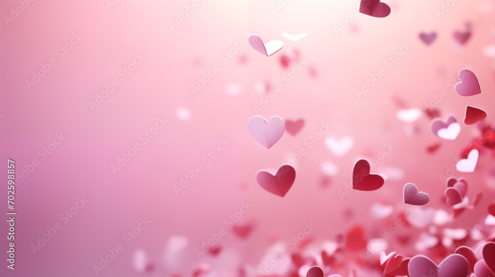 Valentine's day design background. Red, pink and white paper confetti hearts flying on pink background. 