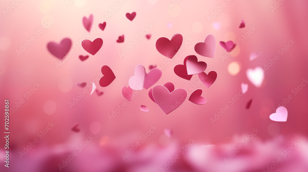 Valentine's day design background. Red, pink and white paper confetti hearts flying on pink background. 