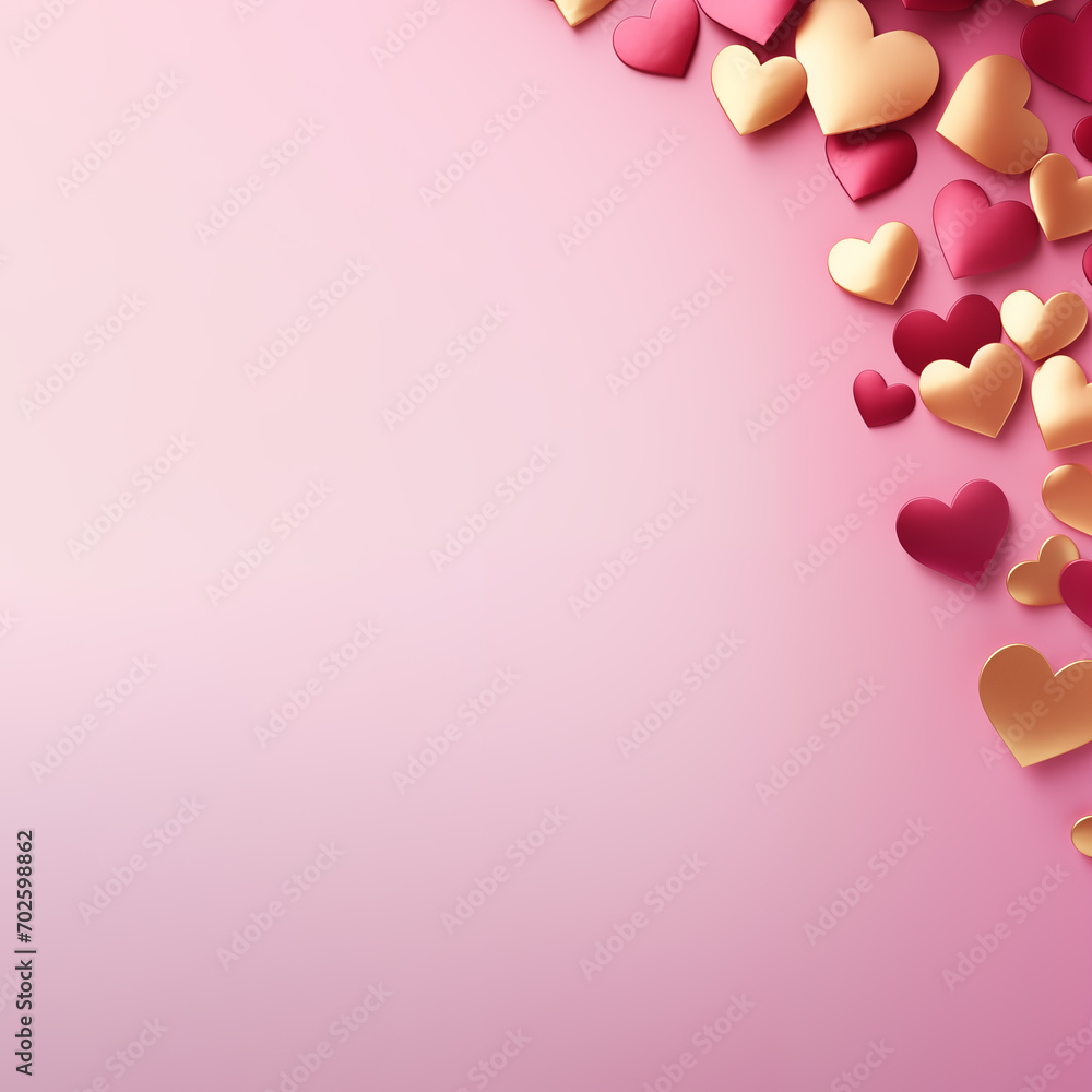 Valentine's day design background. Pink and golden 3d hearts on pink background with empty space for your text. 