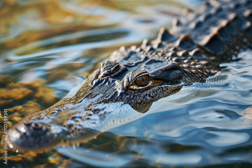 A crocodile as it glides through the reflective waters of a calm lagoon