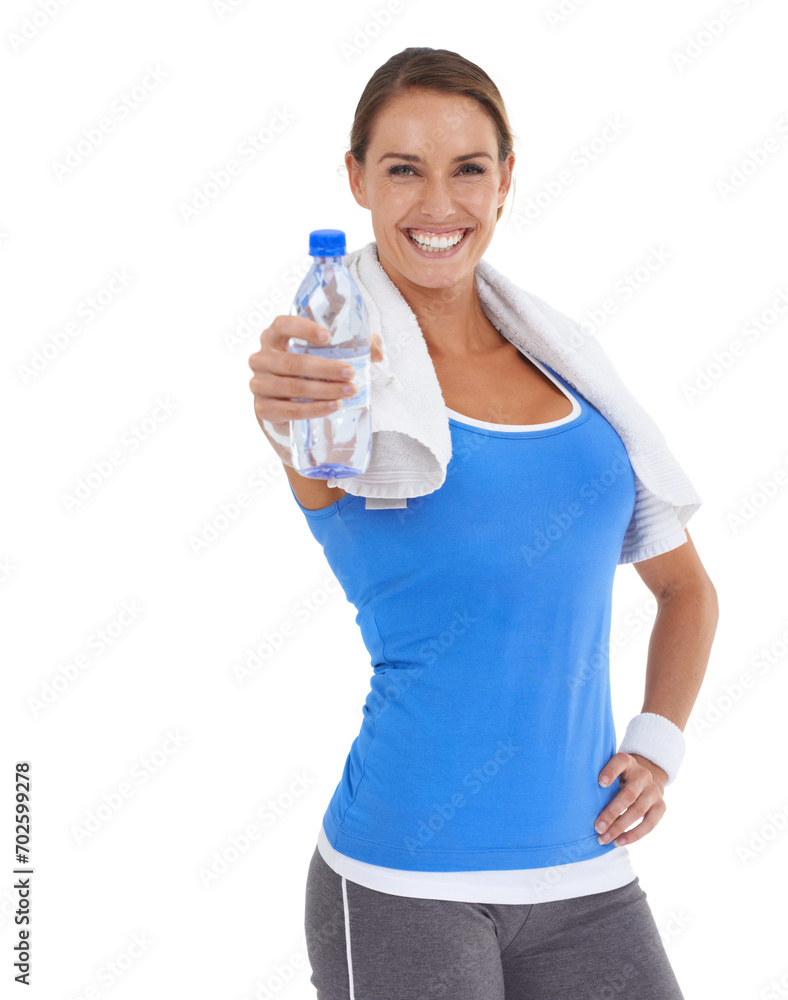 Woman, workout and water bottle in studio for health, wellness and exercise or fitness offer. Portrait of happy person or sports model with giving liquid for energy and training on a white background Woman, workout and water bottle in studio for health, wellness and exercise or fitness offer. Portrait of happy person or sports model with giving liquid for energy and training on a white background
