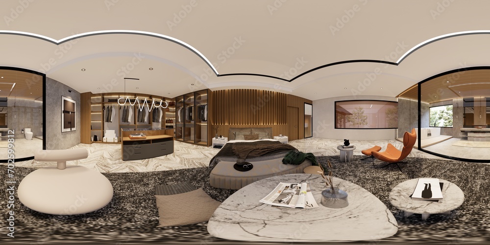 Modern and luxurious Offices lobby interior area . Reception counter des. 3d rendering vr 360 panonrama interior office modern and loft design. - obrazy, fototapety, plakaty 