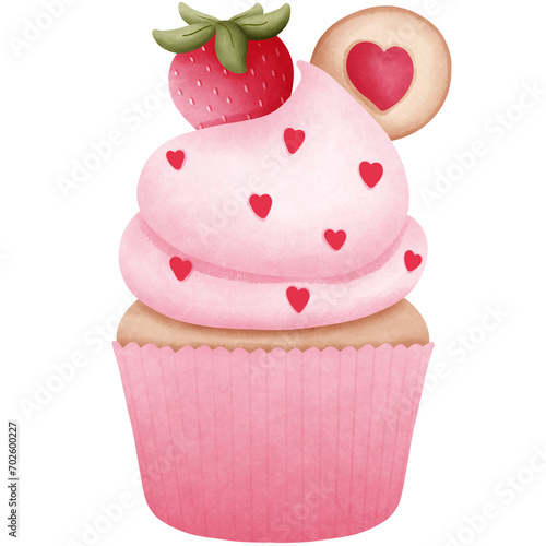 Romantic watercolor strawberry cupcake with whipped craem and cookie clipart.Whimsical valentine dessert illustration. photo