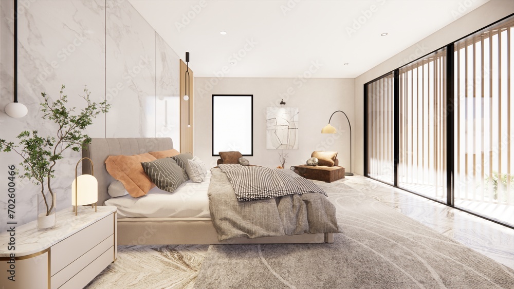 Fototapeta premium Interior Empty Modern Loft house open space .Living room and pantry kitchen. home office .duplex space interior .3D Rendering .