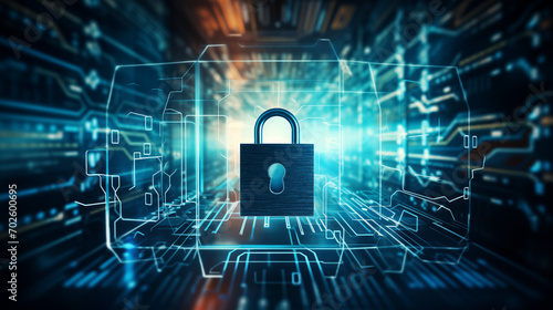 Network and digital information security with a lock conceptual background.