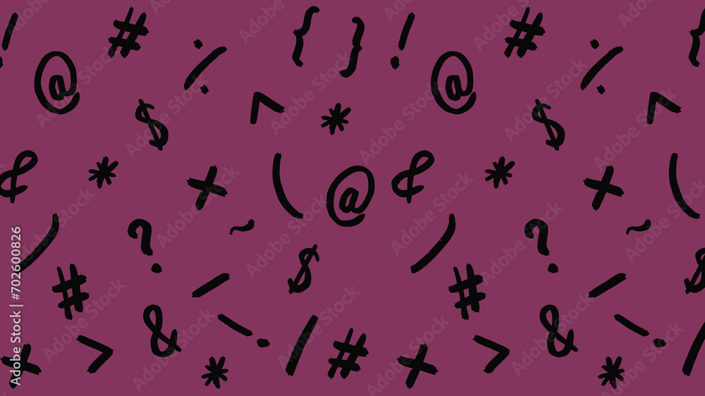 pattern with the image of keyboard symbols. Punctuation marks. Template for applying to the surface. purple red background. Horizontal image. pattern with the image of keyboard symbols. Punctuation marks. Template for applying to the surface. purple red background. Horizontal image.