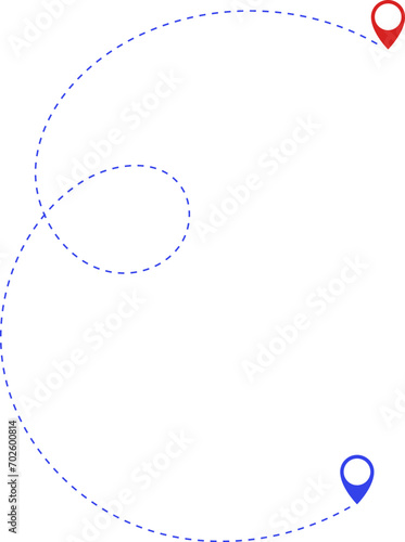 Route icon - two points with dotted path and location pin. Route location icon two pin sign and dotted line. Travel vector icon. Travel from start point and dotted line tracing.