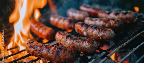 Cooking sausages on a grill.