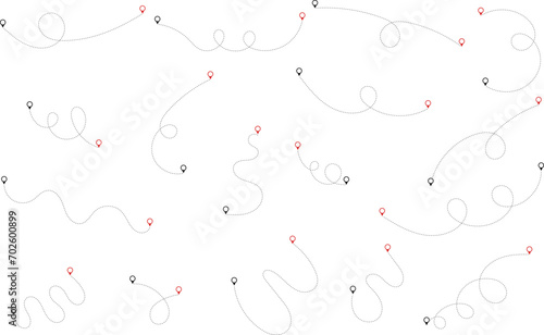 Route icon - two points with dotted path and location pin. Route location icon two pin sign and dotted line. Travel vector icon. Travel from start point and dotted line tracing.