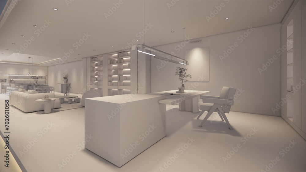 Fototapeta premium Interior Empty Modern Loft house open space .Living room and pantry kitchen. home office .duplex space interior .3D Rendering .