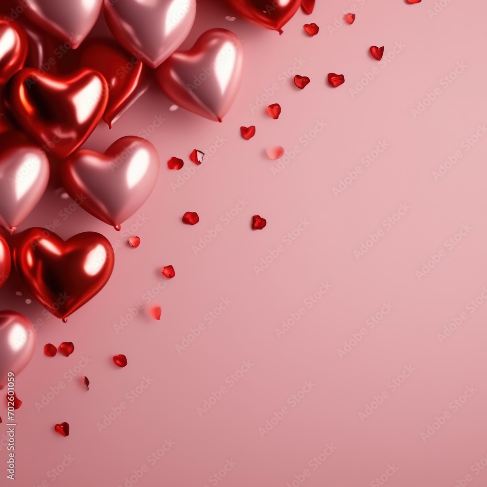 balloons in the form of red hearts on a pink background with space for text. valentine's day template postcard, banner.