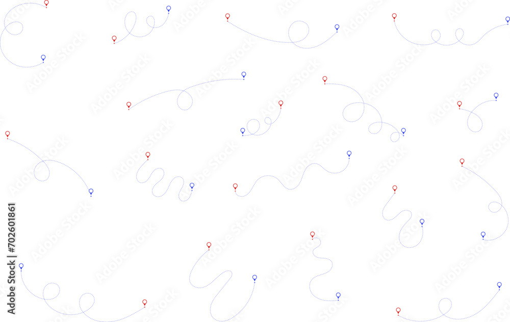 Route icon - two points with dotted path and location pin. Route location icon two pin sign and dotted line. Travel vector icon. Travel from start point and dotted line tracing. Route icon - two points with dotted path and location pin. Route location icon two pin sign and dotted line. Travel vector icon. Travel from start point and dotted line tracing.