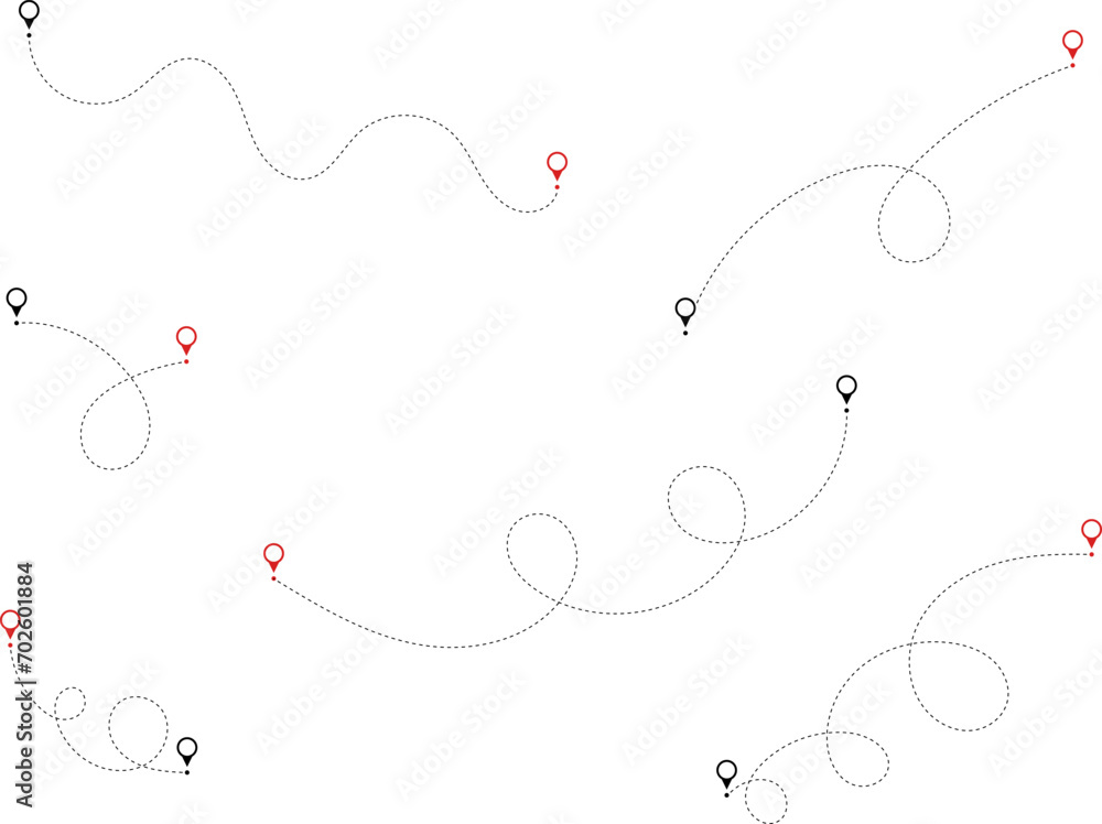 Route icon - two points with dotted path and location pin. Route location icon two pin sign and dotted line. Travel vector icon. Travel from start point and dotted line tracing. Route icon - two points with dotted path and location pin. Route location icon two pin sign and dotted line. Travel vector icon. Travel from start point and dotted line tracing.