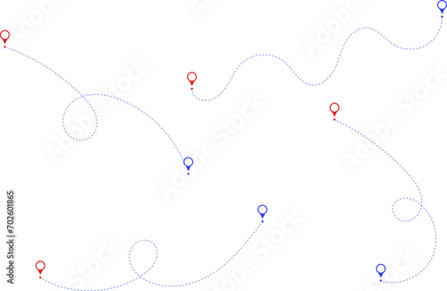 Route icon - two points with dotted path and location pin. Route location icon two pin sign and dotted line. Travel vector icon. Travel from start point and dotted line tracing.