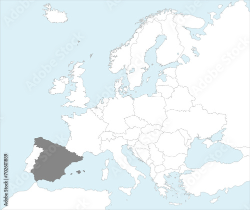 Gray CMYK national map of SPAIN inside detailed white blank political map of European continent on blue background using Mollweide projection