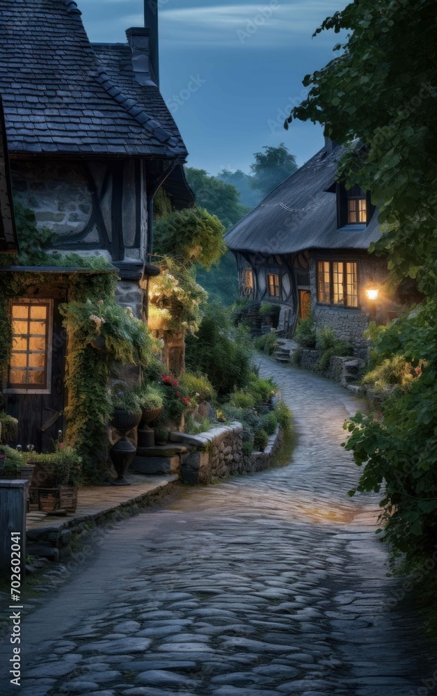 Image of an Empty Village Street in the Evening