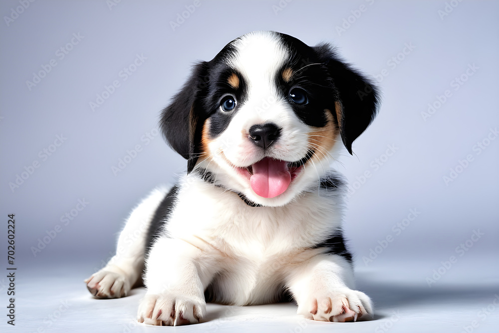 A cute puppy with a big smile. Simple background. Generative AI A cute puppy with a big smile. Simple background. Generative AI