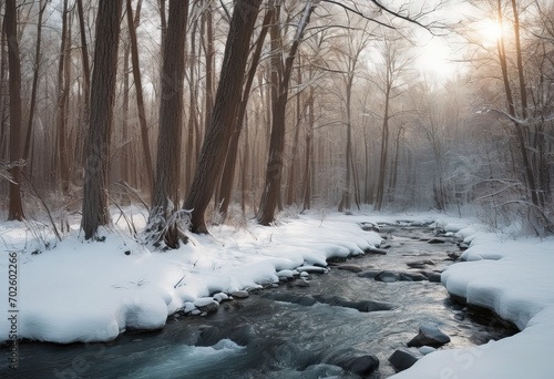 river ravine. mountain river stream in winter. The pine trees are covered with snow. beautiful landscape with snow