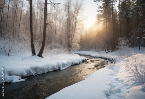 river ravine. mountain river stream in winter. The pine trees are covered with snow. beautiful landscape with snow © Алексей Ковалев