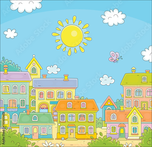 Funny colorful houses of a pretty little town on a sunny summer day, vector cartoon illustration on a white background
