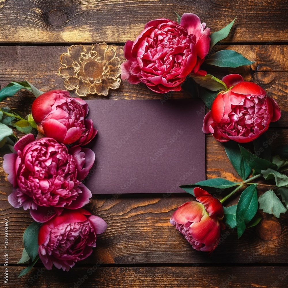 card and beautiful red peonies on wooden rustic background, flat lay