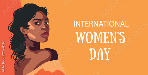 Vector flat banner for International Women's Day, beautiful black woman with afro on bright background. Movement for gender equality and women's empowerment