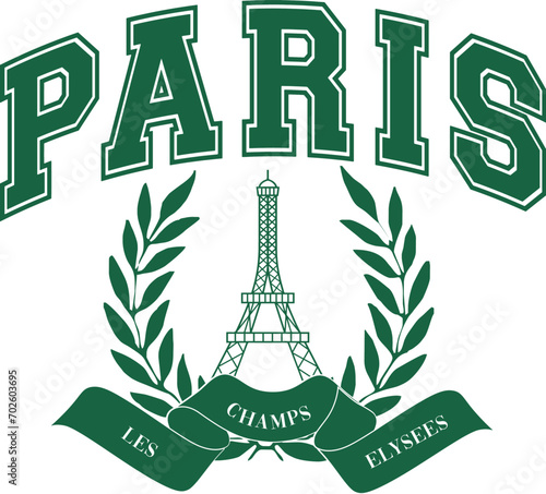 Paris Eiffel Tower green wreaf Varsity USA team College Campus University Tshirt Graphic Fashion logo Trending Apparel Cute Emblem Slogan romantic Europe