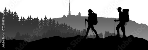 Silhouetten Berge - Gebirge - Wanderer im Harz mit dem Brocken im Hintergrund photo