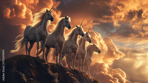 Unicorns against a dramatic sky backdrop.