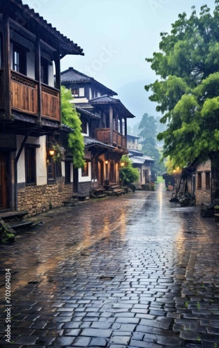 Photograph of a desolate village square during a downpour