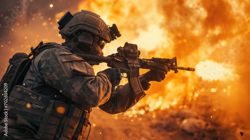 Soldier in action amid explosion.