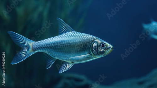 Silver fish swimming in blue water.