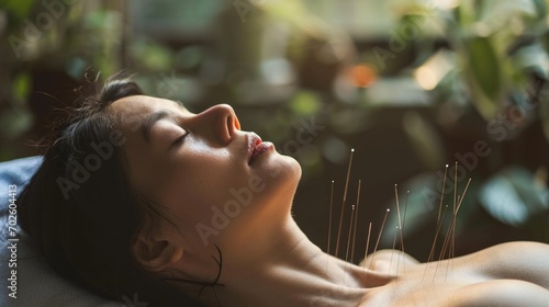 Alternative medicine: acupuncture treatment with fine needles to balance energy flow. photo