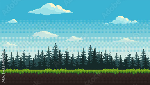 Forest pixel background. 2d pixel video game daytime with green grass, fir trees and clouds. Nature seamless landscape vector illustration.