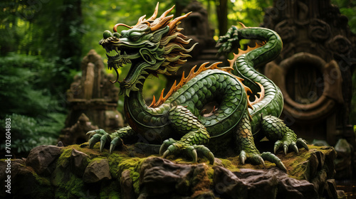 Chinese dragon sculpture in middle of green forest representing 2024 chinese new year sign the wood dragon © Keitma