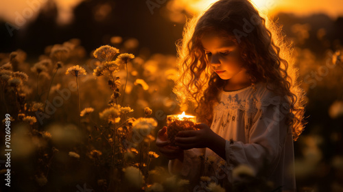 Young kid girl holding a small lantern in middle of a beautiful spring flowers field at dusk photo