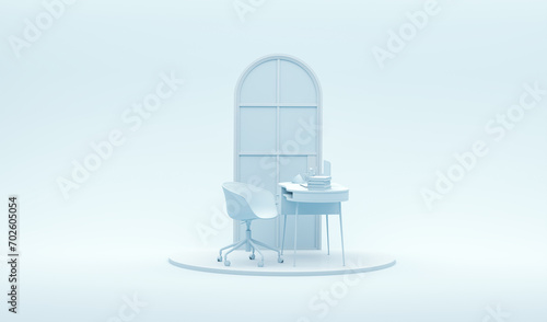Minimal office table desk. For study desk, clock, plant pot and workspace. Mockup template pastel background. 3D rendering