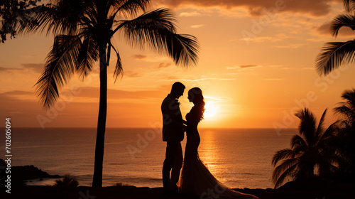 Silhouette of bride and groom on the beach during golden hour  tropical wedding destination.