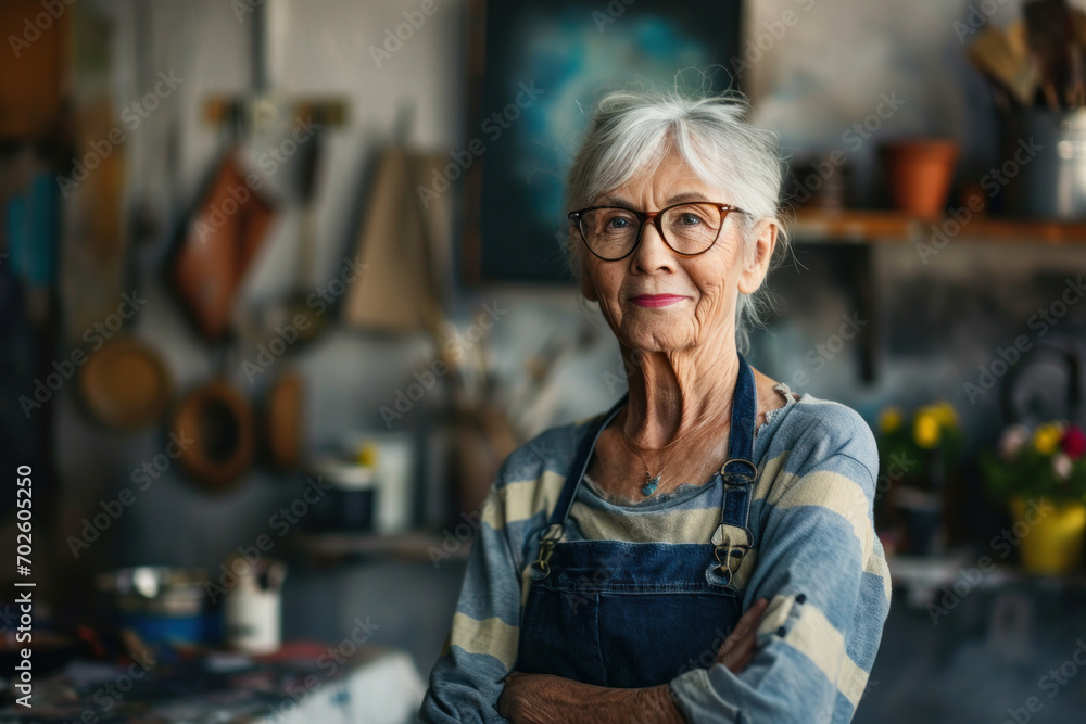 A female senior artist standing in her studio background A female senior artist standing in her studio background