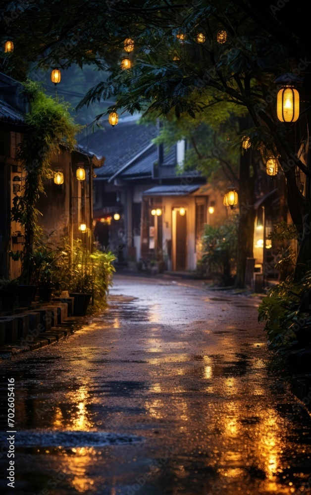 View of a Tranquil Village Lane at Twilight