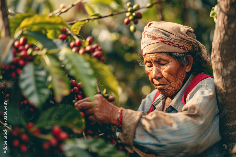 Columbia mature woman harvesting coffee bean in the coffee field