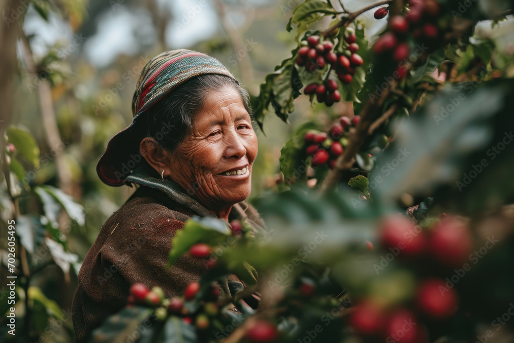 Columbia mature woman harvesting coffee bean in the coffee field Columbia mature woman harvesting coffee bean in the coffee field